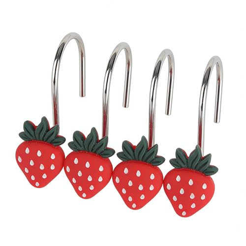 Two Fish Home Fashions Set of 12 Decorative Strawberry Shower Curtain Hooks, Strawberry Curtain Rings Pack of 12