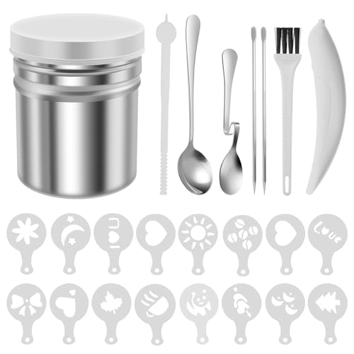 24 Pcs Coffee Stencils, Coffee Accessories Set, Creative Cafe Garland Moulds Cake Decorating Tool with Powder Shaker Pen Spoon Stick for Making Cappuccino Frothing Milk Coffee Machine