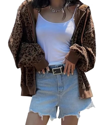 Sweat à capuche zippé léopard en velours côtelé vintage pour femme