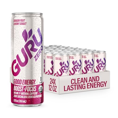 Image of GURU Zero Sugar Energy Drink, Dragon Fruit Cherry Sorbet Organic Sparkling Energy Drink with 140 MG Natural Caffeine & Coconut Water for Workouts, Performance & Midday Boost, Gluten Free, Vegan, 12 Fl Oz, 24 Pack
