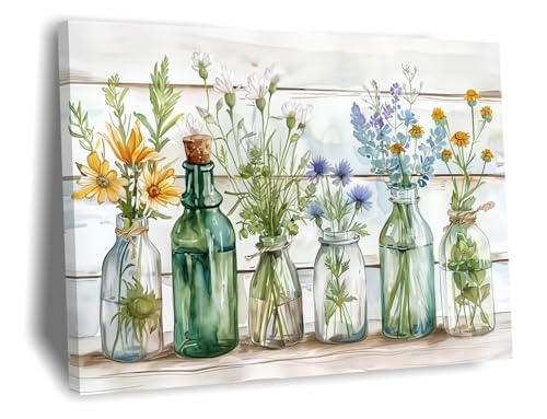 XCFMPUO Green Bathroom Wall Art Canvas Farmhouse Floral Decor Watercolor Wildflower Bottles Painting Sage Green Botanical Picture for Bathroom Laundry Room Wall Decor 16x24 Inch