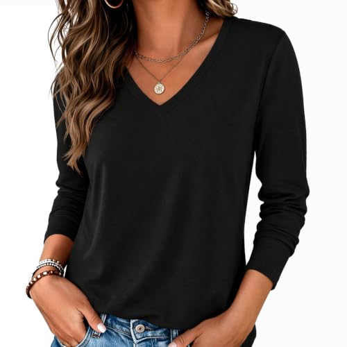 Zeagoo Women's Black Long Sleeve V‑Neck T‑Shirt – Casual Work Blouse