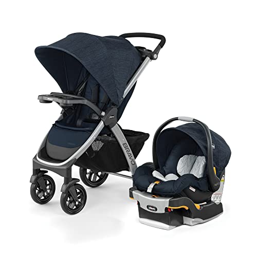 Chicco Bravo 3-in-1 Trio Travel System, Bravo Quick-Fold Stroller with KeyFit 30 Infant Car Seat and Base, Car Seat and Stroller Combo, Brooklyn/Navy