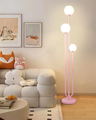 Image of 63IN 3-Light Dimmable Pink Floor Lamp, Unique Tall Standing Lamps with 3000K G9 Bulbs for Reading, Mid Century Modern Floor Lamp with 5Lbs Heavy Base for Living Room Bedroom Office