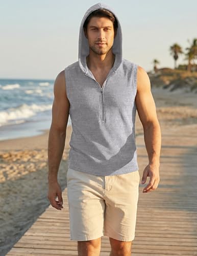JMIERR Men's Muscle Ribbed Knit Hooded Tank Top Sleeveless Sweatshirt with Quarter Zip Tee Shirts Stretch Athletic Vest for Running and Daily Wear, M, Light Grey — view 5