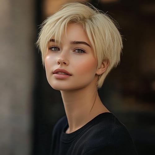 Image of QUEENTAS 8 Inch Pixie Cut Layered Short Blonde Wigs for Women with Bangs, Light Golden Blonde Synthetic Hair Wig for Daily Commute, Running & Cosplay (Light Golden Blonde)