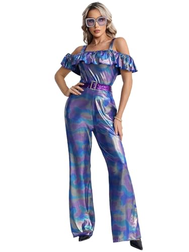ROC PARTY 70s Disco Jumpsuit for Women - Retro Holographic Funky Dance Costume with Accessories for Christmas & Themed Party (Purple & Blue, Large)