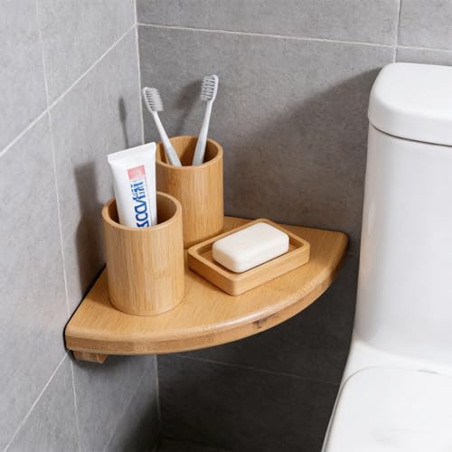 Estante de esquina de bambú natural VALICLUD, balda triangular de pared de 20 cm 3