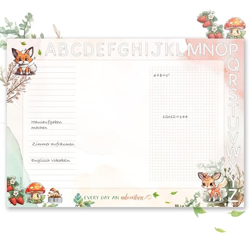 TOBJA Schreibtischunterlage A3 für Mädchen und Jungen - Waldtiere Design, dickes 90g/m² Papier, mit ABC Leiste zum Ausmalen - Perfekt zur Einschulung | Schreibtischunterlage Papier 25 Blatt