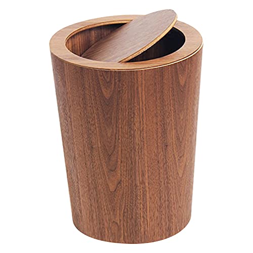 Image of Modern Round Trash Can with Lid - Wood Grain Waste Basket in Walnut - 9.25 inchx7.5 inchx11.8 inch Swing Top Small Trash Can - Decorative Small Garbage Can for Bedroom, Living Room, Office & Bathroom