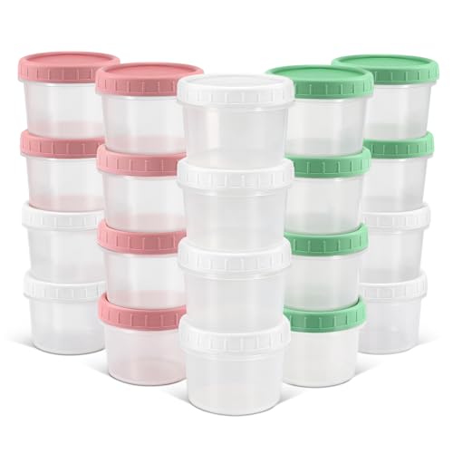 DEMORA 6 oz Small Plastic Containers with Twist on Lids [20 Sets] Stackable Little Food Storage Containers for Snack Lunch Meal Prep Salad Dressings Freezer/Microwave/Dishwasher Safe BPA Free