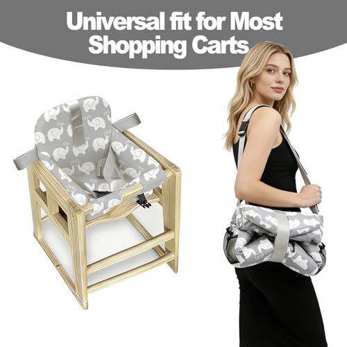 Padded Shopping Cart Cover for Baby & Toddler, High Chair Cover with Soft Thigh Guards, 2-in-1 Grocery Cart Seat Protector, Portable with Shoulder Strap & Storage Pocket (Elephant Print)
