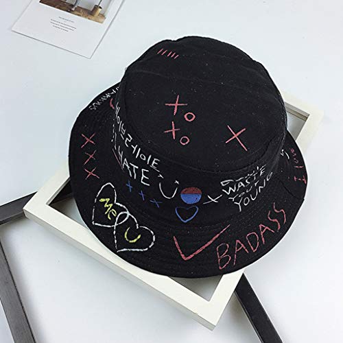 Harajuku Letters Graffiti Print Bucket Hat Men Women Sun Hat Hiphop Style Cap - Preto