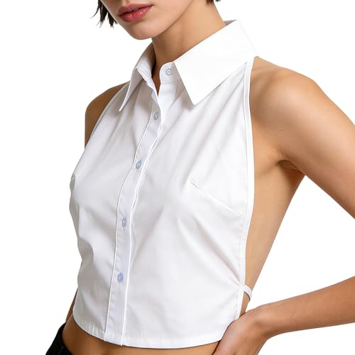 Detachable Halter Fake Collar Top for Women Backless Dickey Shirt Insert with Button Down Front Sleeveless Adjustable Faux Collar Blouse for Summer Layering Outfit(White)