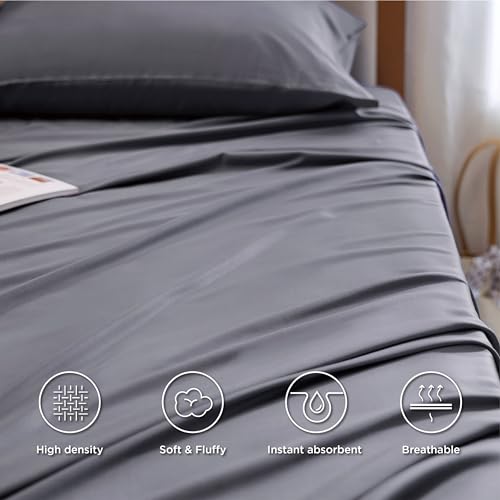 Image of Bedsure Cooling Sheets Twin XL, Rayon Derived from Bamboo, PureWoven, Breathable & Soft Twin XL Sheet Sets, Deep Pocket Up to 16 inch, Hotel Luxury Silky Dorm Bedding for Hot Sleepers, Dark Grey