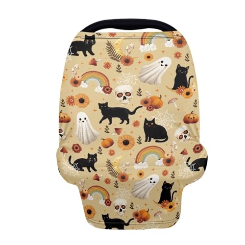 Image of Wanyint Infant Car Seat Cover for Babies, Boys Girls Carseat Canopy Baby Breastfeeding Stroller High Chair Shopping Cart Cover Halloween Decor, Black Cat Skull Ghost Pumpkin Rainbow