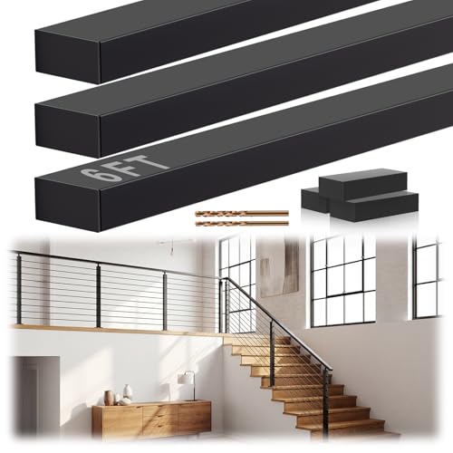Image of 6FT Stainless Steel T304 Handrail Black with POM Connector, 3 Pack Rectangular Cable Railing Handrail Flat Deck Top Rail with SS304 End Caps for Indoor Outdoor Deck Stair Cable Railing System