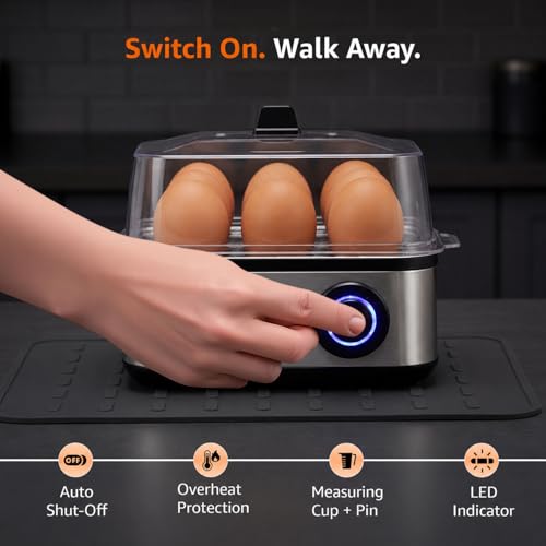 Image of Amazon Basics 3-in-1 Electric Egg Boiler and Poacher | Boils 8 Eggs, Poaches 4 Eggs, Steam Vegetables | Auto Cut Off | 3 Boiling Modes | 500W | Stainless Steel Body - Silver