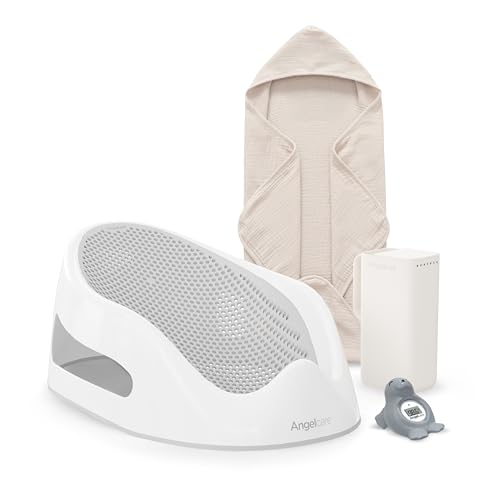 Image of Angelcare Baby Bath Support Bundle, Rinser, Thermometer & Towel, Gray | Soft-touch bath support, rinser, thermometer, and towel create a safe newborn bath routine with easy temperature monitoring.
