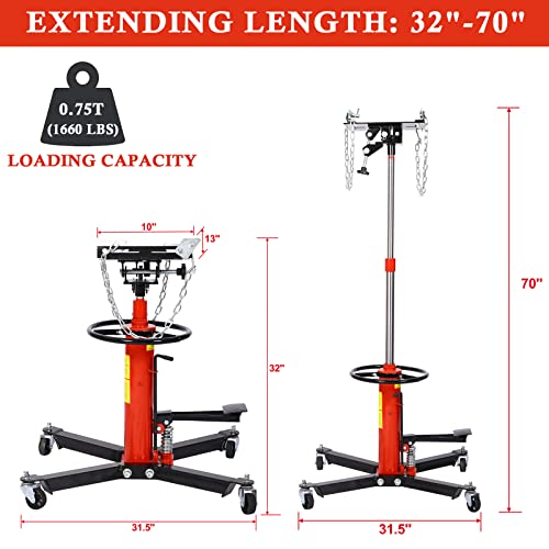 Tomkate Hydraulic Transmission Jack, 2 Stage 1660Lbs Telescopic Transmission Jack With Pedal 360° Swivel Wheel Lift Hoist, 32" - 70" Adjustable Height Transmission Jack For Car Lift 0.75 Ton, Red #TOP1
