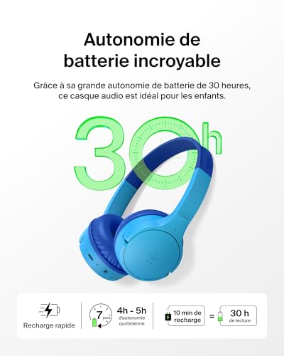 Belkin SoundForm Mini Casque Audio sans Fil pour Enfants avec Micro intégré (Circum-aural, autonomie de 30 h, pour Apprentissage, Voyages, Autocollants Amusants, pour iPhone, iPad, Galaxy) - Bleu