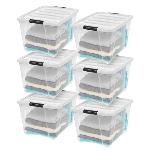 Image of IRIS USA 6-Pack 54 Quart Stackable Storage Bins with Lids [Made in USA] - Everyday Organizer Latching Clear Plastic Organization Containers Closet Bedroom Shelving Units Home Storage - Clear /White