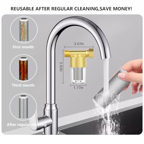 Image of DR02 Reusable Brass Sediment Filter, 40 Micron Washer Water Filter, For Washing Machine, Heater, Faucet, RV, Protecting Appliances, Reduces Clothes Yellowing, Anti Scale Shower Filter