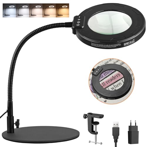 YGiTK Lampe de Bureau 8X avec Grande Base Lampe à Pince LED 3 Modes de Couleur et 10 Luminosités Dimmables Lampe Loupe Ajustable pour Réparation, Lecture,...