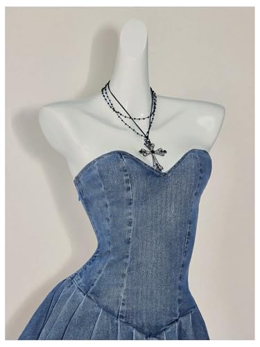 WDIRARA Women's Layered Ruffle Strapless Mini Denim Dress Sleeveless A Line Tube Dresses4
