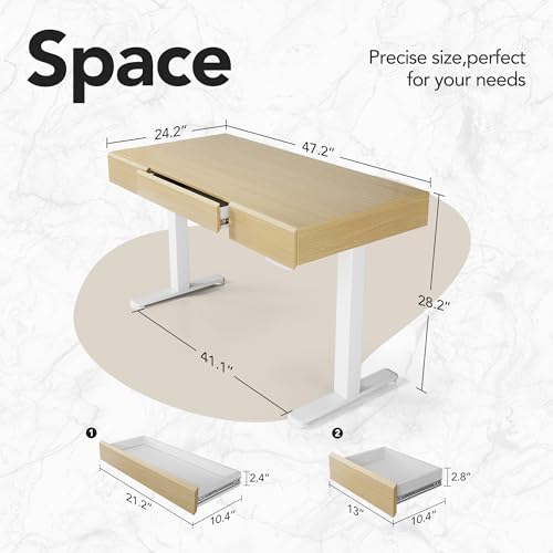 Image of HUANUO 48 Inch Standing Desk with Drawers, Electric Adjustable Height Stand Up Desk with Storage, Whole-Piece Board Computer Workstation for Home Office, Light Walnut