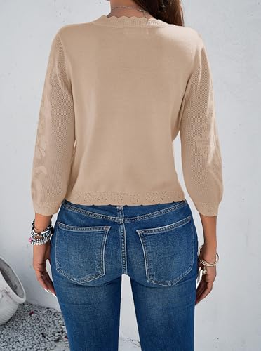 Image of Women Crop Cardigan Sweaters Lightweight 3 /4 Sleeve Button Up Crochet Shrug | Textured Bolero For Dresses Dressy Casual, V Neck, Ladies Eyelet Shawl Thin Trendy