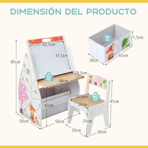 GOPLUS 4 en 1 Caballete y Estación de Juegos para Niños con Silla, Juego de Mesa y Silla para Niños con Pizarra Magnética y Pizarra Blanca Giratoria de Doble Cara, 50 x 50 x 85 cm (Blanco) - imagen 7