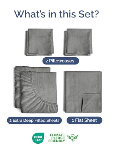 Image of Extra Deep Split King Sheet Set - 7 Piece Cooling Sheets - Heathered Grey | Hotel Luxury Bed Sheets Set, Easy & Secure Fit, Ultra-Soft, Wrinkle & Fade Free, Comfy Sheets Set with Extra Deep Pockets