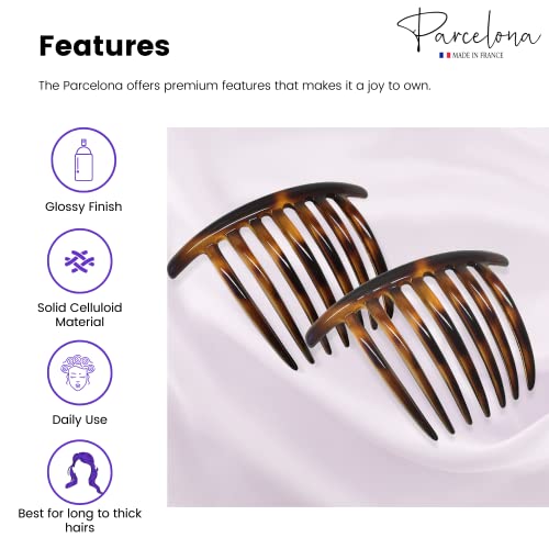 Parcelona French Twist 7 Teeth Large 4" Celluloid Set Of 2 Flexible Durable Side Hair Comb No Slip Styling Women Hair Accessories Girls Hair Clip, Made In France (Shell) #TOP1