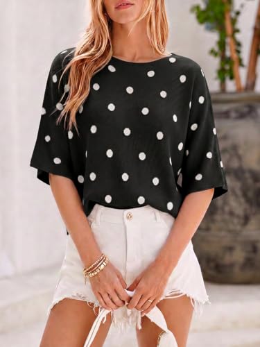 Image of Cicy Bell Womens Oversized Short Sleeve Sweaters Tops Knit Fall Pullovers | Half Sleeve Trendy Casual Loose Fit Sweater, Heart&ploka dot&floral pattern,Knitted Boat Neck Work Top for Teachers