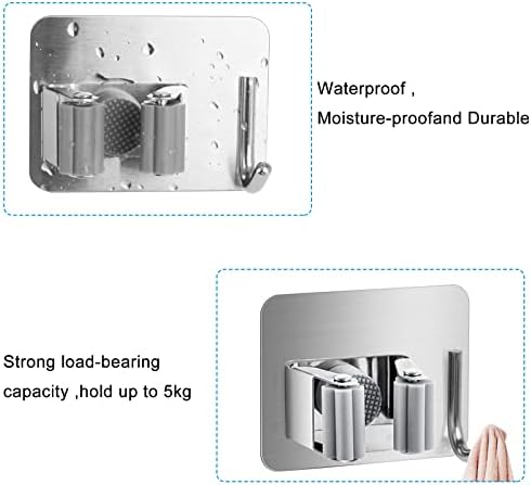 Mop Holder Wall Mounted,Stainless Steel Self Adhesive Mop Broom Holde with Hooks Hanger Organizer for Bathroom, Kitchen, Office, Closet, Garden