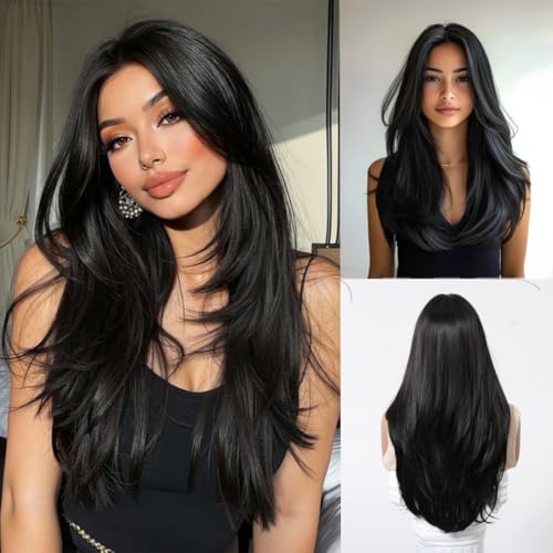 Umbrion Middle Part Natural Long Straight Human Hair Wigs With