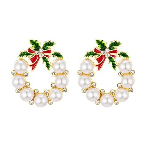 Vanjewnol Gold Christmas Wreath Stud Earrings for Women, Simulated Pearls