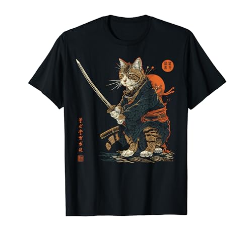 Kawaii Gatto Carino Anime Giapponese Stuff Samurai Gatto Ninja Maglietta