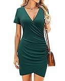 LAISHEN Ruched Bodycon Dresses for Women Casual Summer Wrap V Neck Short Sleeve T Shirt Mini Dress 2