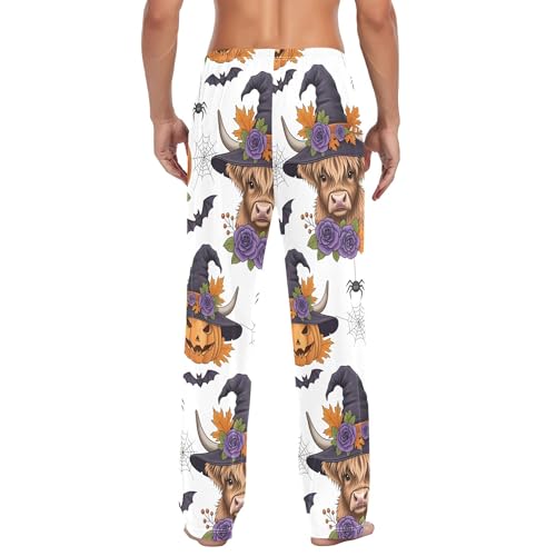 Men's Pajama Bottom Halloween Highland Cow Pumpkin Cotton Pajama Pants Drawstring Sleepwear Long Pants Pockets3