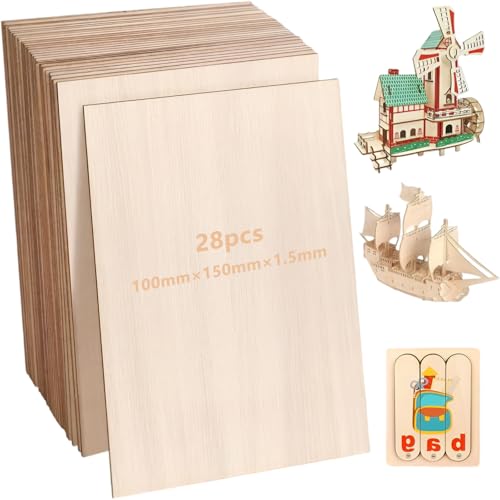 Xbessc 28 Piezas Madera Contrachapada 1,5 mm, Madera de Balsa 100 x150 mm, Tablero Contrachapado de Tilo, Sin Terminar Tablero Madera para Pirograbado, Corte Láser, Manualidades, Modelismo y Pintura