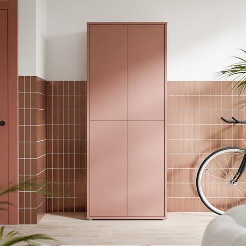 Forte Alice Springs Schuhschrank 70 80, Flurschrank mit 4 Türen und 8 Einlegeböden, Holzwerkstoff, Terrakotta, 74,5 cm breit x 191,9 cm hoch x 34,9 cm tief