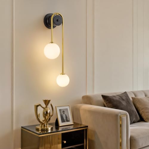Image of Globe Wall Sconce, Double Hanging Ball Sconce, Modern Indoor Sconces | Gold Double Globe wall Sconce with Milk Glass Shades, Hardwired Indoor ball Sconce for Bedroom Bathroom Living Room Hallway