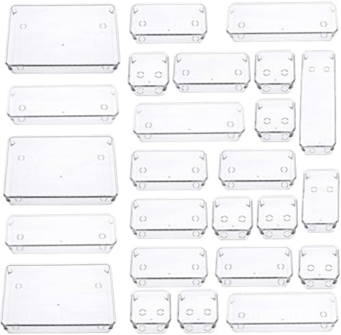 Cq acrylic 25 PCS Clear Plastic Drawer Organizers Set,4 Sizes Desk Drawer Dividers Trays Dresser Storage Bins Separation Box for Makeup, Jewelries and Gadgets,Bedroom,Bathroom,Office