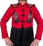 Genérico FLAMENKA ROCIERA Chaqueta Torera con Flecos y Bordados, con Detalles Negros, Forro Interior y Hombreras, Inspiración Flamenca (FR/ES, Letras, XS, S, Regular, Regular, Rojo)