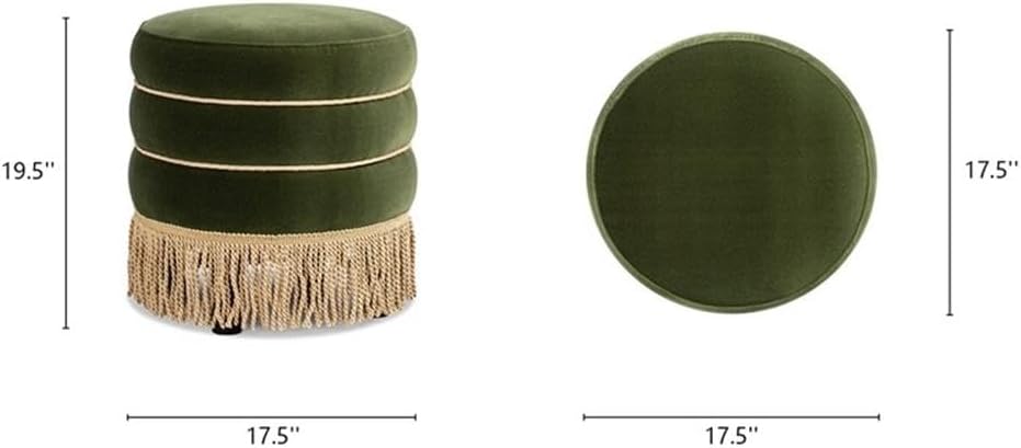 Pemberly Row Round Upholstered Ottoman, Green Velvet with Bullion Fringe, 17.5 in, Lightweight Versatile Accent Piece for Seating, Footrest, or Table, Vintage Style for Traditional Interiors