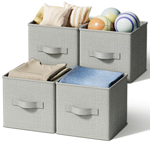 Image of LayerSpace 4 Pack Foldable Fabric Closet Storage Bins, 11Inch Organizer Cubes with Handles, Linen Storage Boxes for Clothes, Toys, Books and Home Organization,Gray