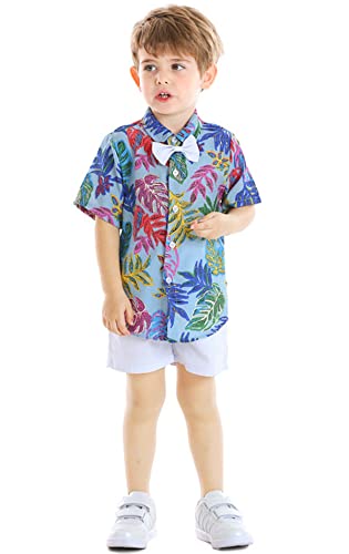 Image of Toddler Baby Boy Summer Clothes Set Floral Shirt Bow-tie Shorts Hawaiian Outfit