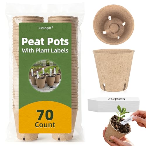CLEANGOR 70Pcs Biodegradable 4” Peat Pots with 70Pcs Plant Labels, Biodegradable Seed Starter Pots...
